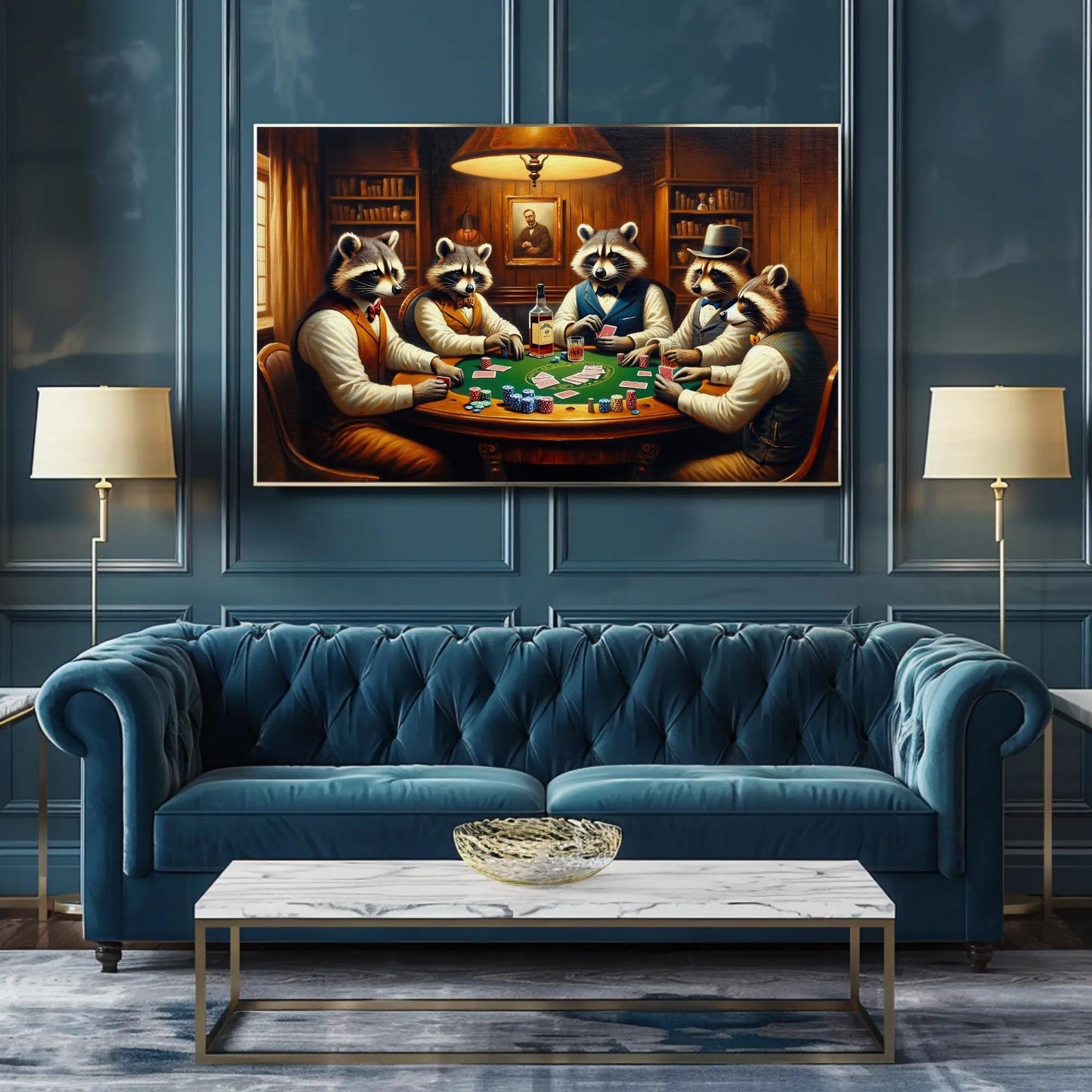 Raccoons Playing Poker art deco canvas wall art, ready to hang (view 3)