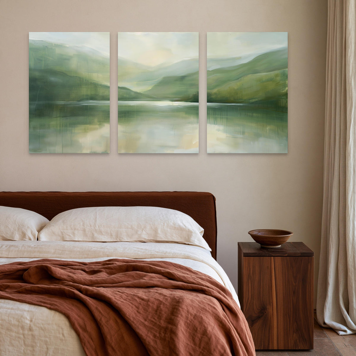 Misty lake set of 3 canvas wall art, sage green hills reflected in a still lake across three panels