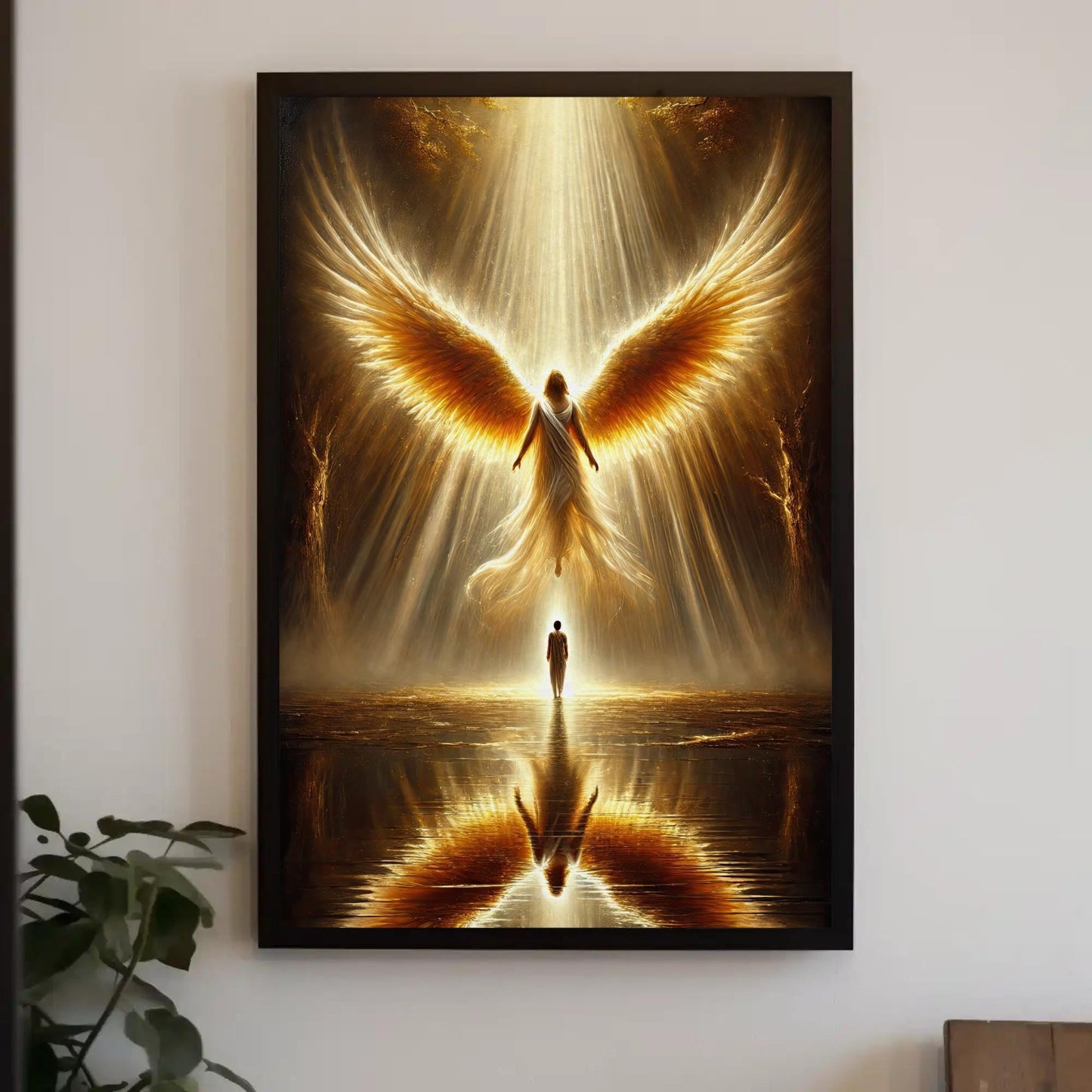 Golden Angel Canvas Print, Guardian Divine Protection Wall Art