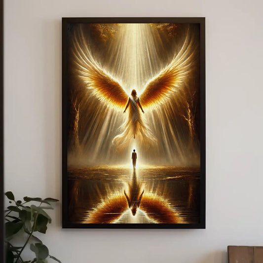 a painting of a person standing in front of an angel