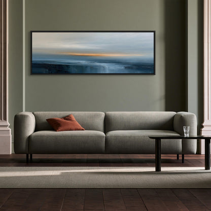 Navy orange abstract seascape canvas wall art, modern living room with a gray sofa, a wooden coffee table, and a large