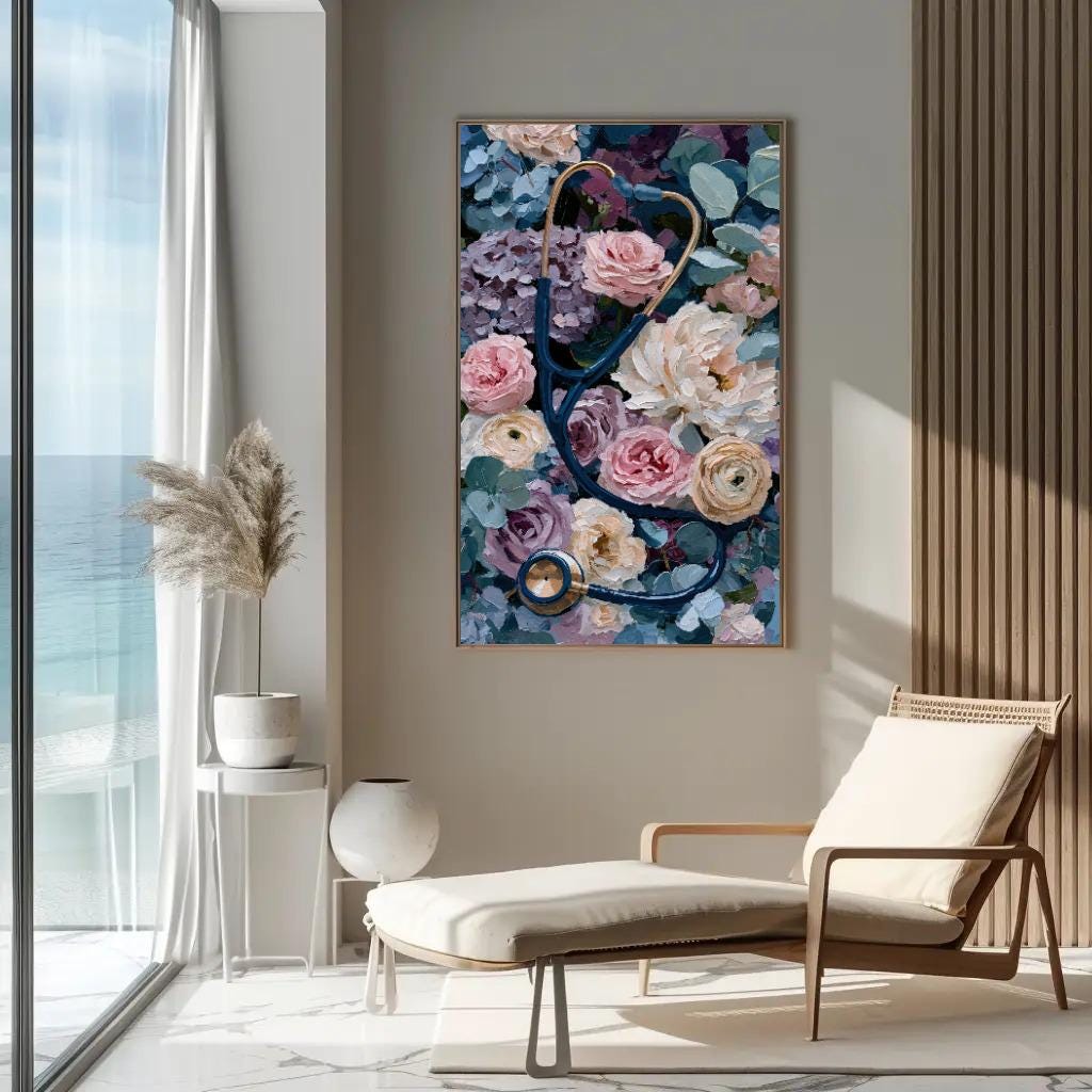Stethoscope canvas wall art shown in a styled interior