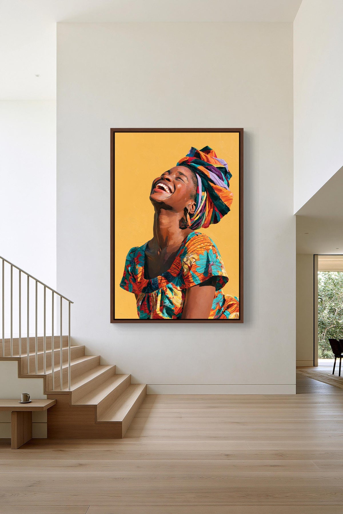 Laughing African woman canvas wall art, woman wearing a colorful headscarf and a vibrant dress, with a joyful expression on