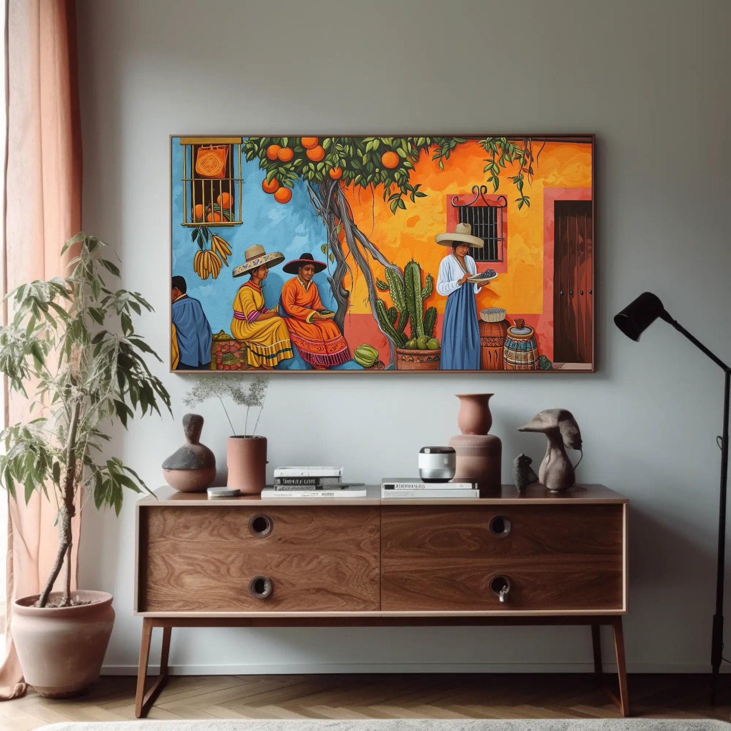 Traditional Mexican , Vibrant Folk canvas wall art shown in a styled room