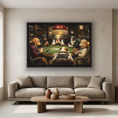 Dogs playing poker canvas wall art, group of dogs playing poker at a table, with a large framed painting hanging on the wall