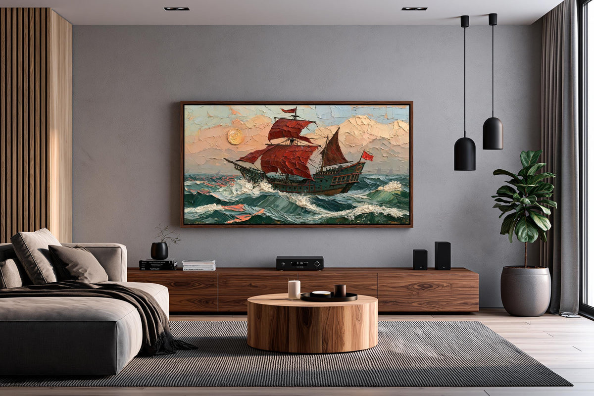 a modern living room with a large painting of a sailing ship on the wall, a wooden coffee table in front of the sofa, and a potted plant on the right side of the room.