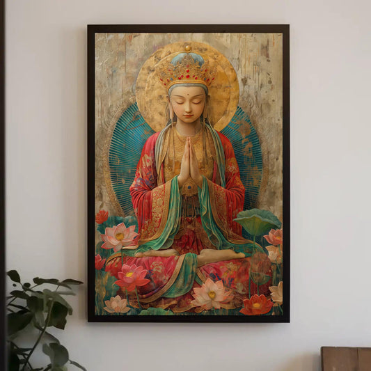 a painting of a buddha in a room