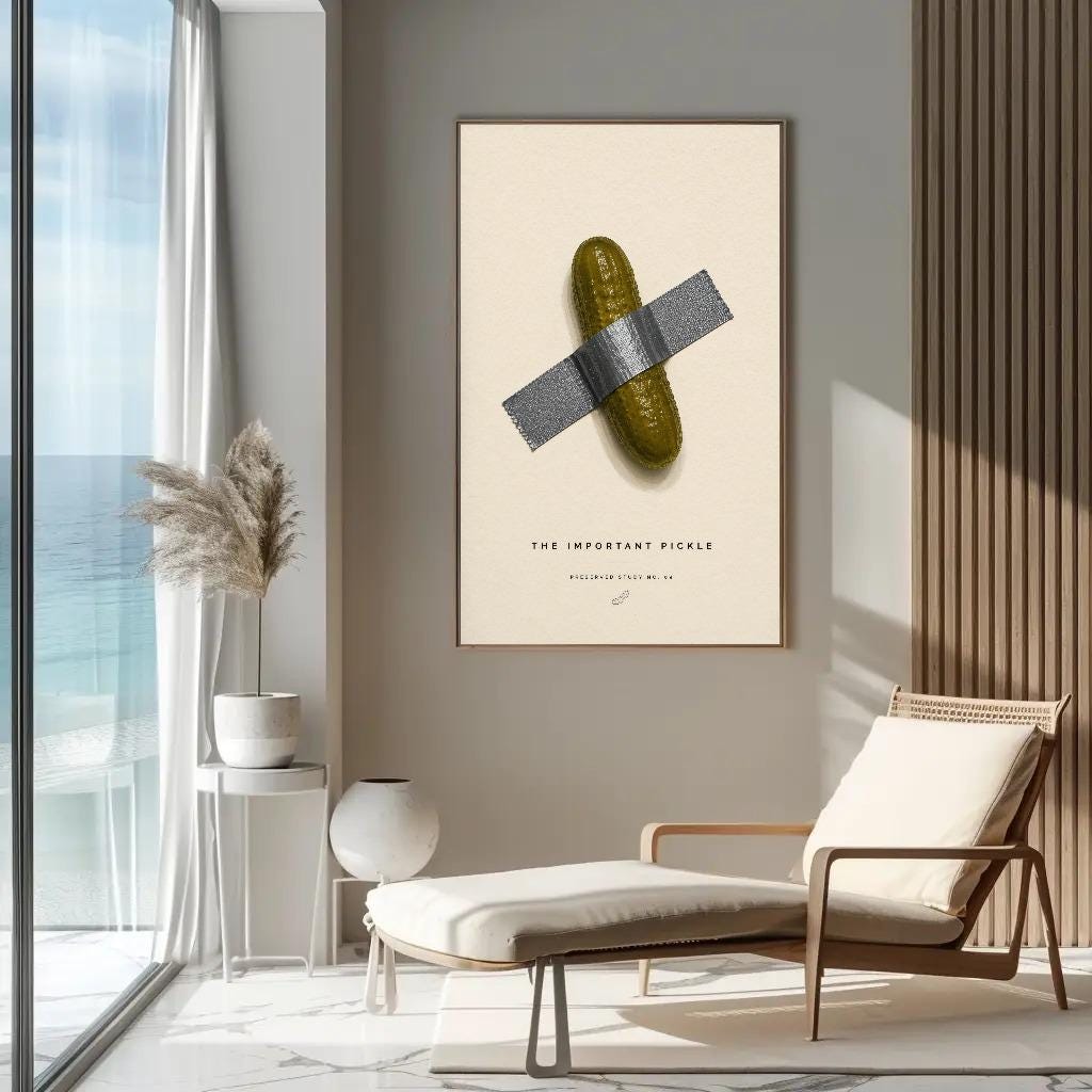 Taped pickle canvas wall art, minimalist living room with a large window overlooking the ocean, a comfortable chair, and a
