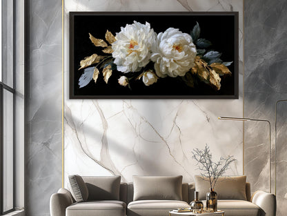 Baroque White Peony canvas wall art shown in a living room