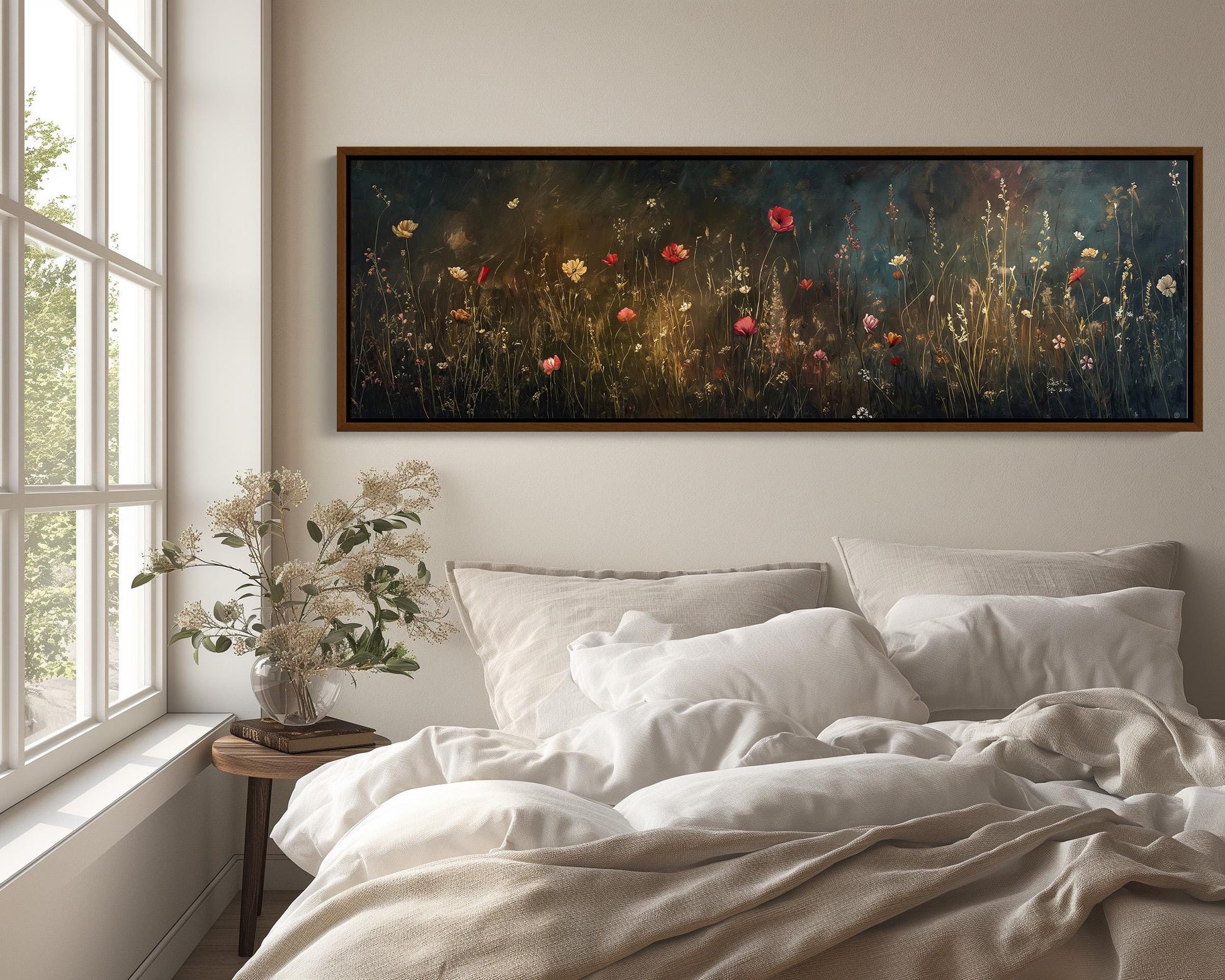Wildflower Meadow , Dark Academia Panoramic vintage canvas wall art, ready to hang