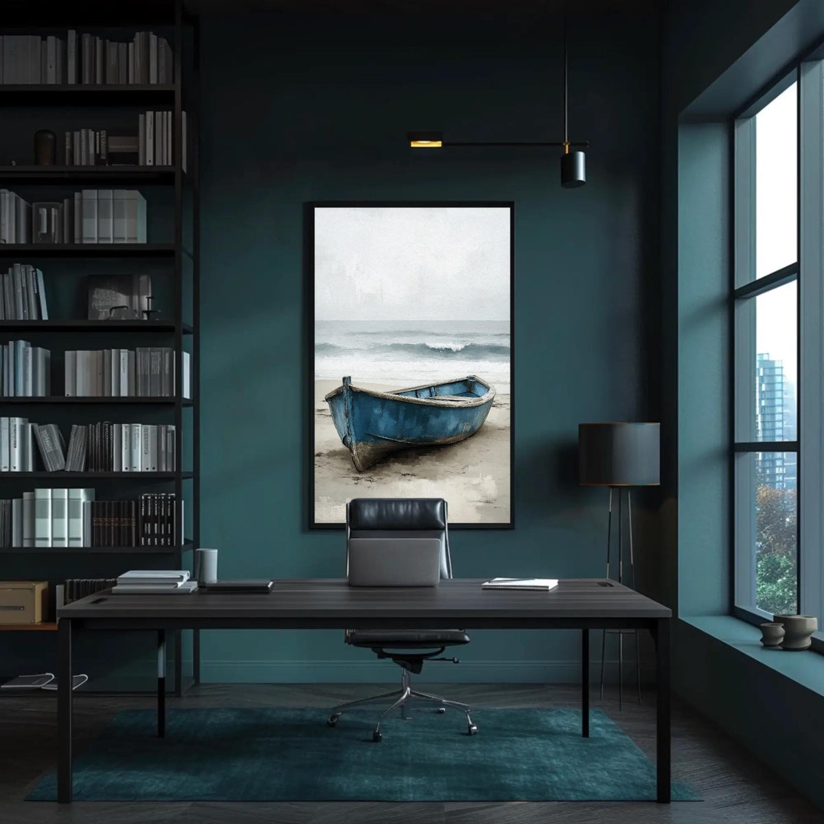 Weathered blue rowboat canvas wall art, room with a desk and a book shelf