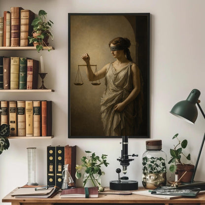 Lady Justice with scales canvas wall art, framed painting of a woman holding a scale, surrounded by various objects such as