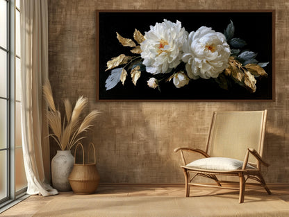 Baroque White Peony canvas wall art shown in a styled room