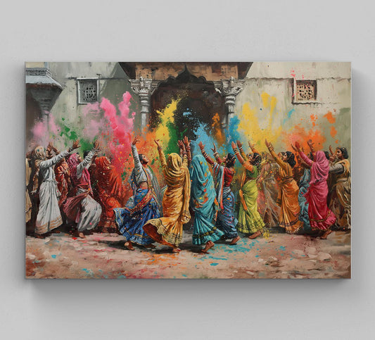 Holi Festival Canvas Print – Vibrant Vrindavan Holi Painting on Premium Museum-Grade Canvas