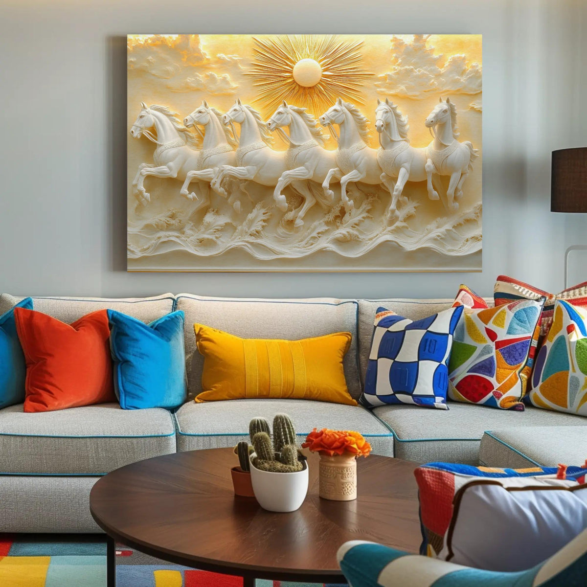 a living room with a large, colorful painting of horses on the wall above a couch with various pillows. The painting is a striking depiction of a group of white horses running across a landscape with a sun in the background.