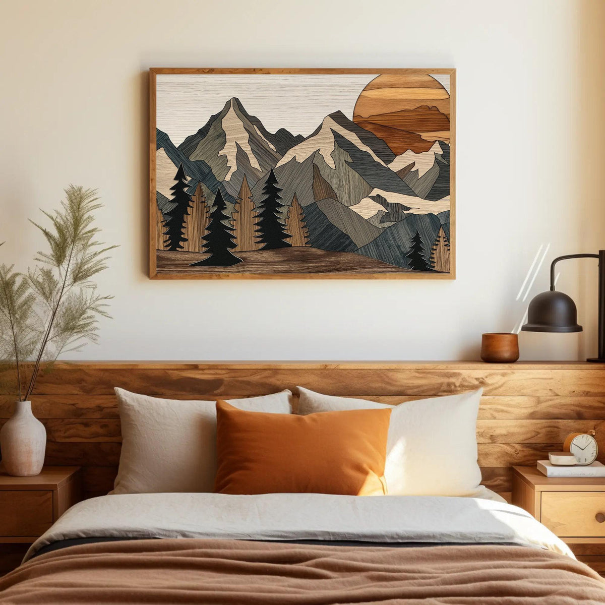 Wood effect mountains canvas wall art, bedroom with a bed and a painting on the wall