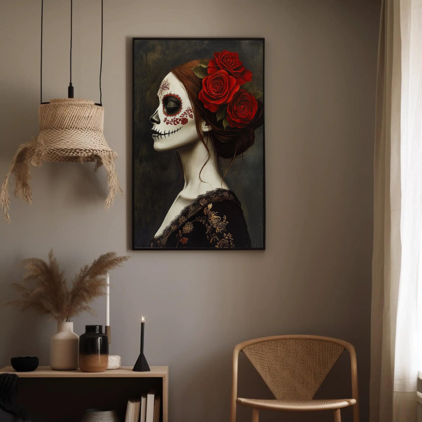 Day of the Dead canvas wall art shown in a styled interior