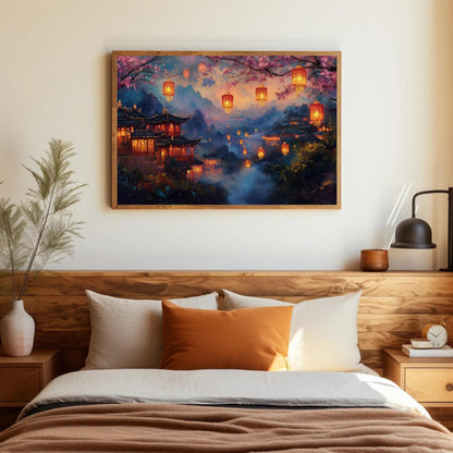 Chinese Village , Misty Mountain Lantern canvas wall art shown above a bed