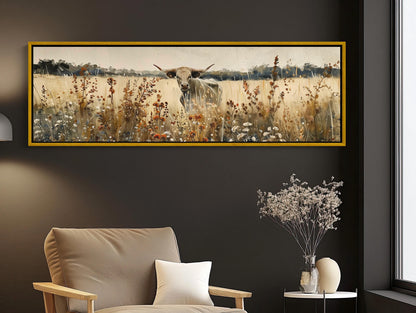 Texas Longhorn Cow canvas wall art shown in a styled room