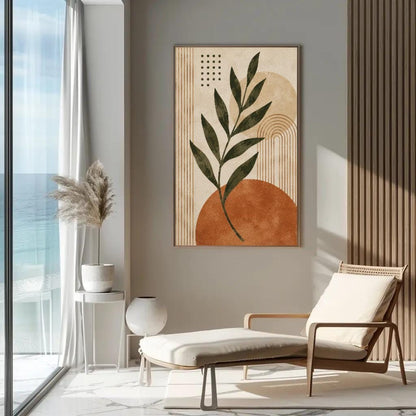 Boho leaf and sun canvas wall art, serene and modern living room with a large abstract painting featuring a leaf and a