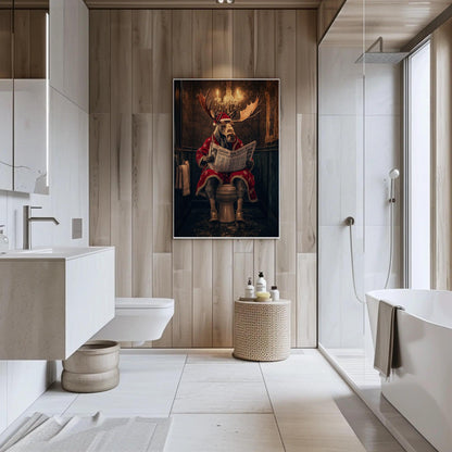Funny Christmas Moose Art canvas wall art shown in a bathroom