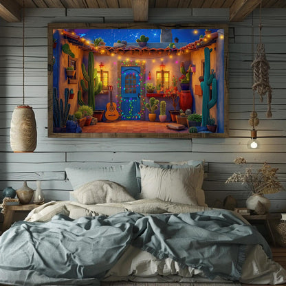 Mexican Fiesta , Colorful Courtyard canvas wall art shown in a bedroom (view 3)