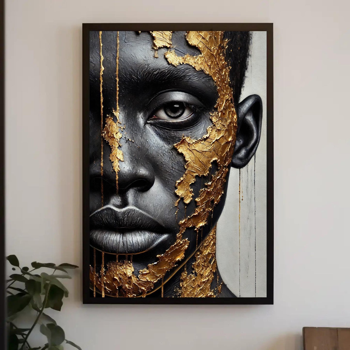 Black Boy Gold Portrait, African American Art Canvas, Luxury Gold Accent Wall Decor