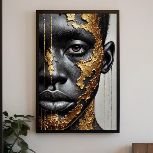 a painting of a woman's face with gold paint on it