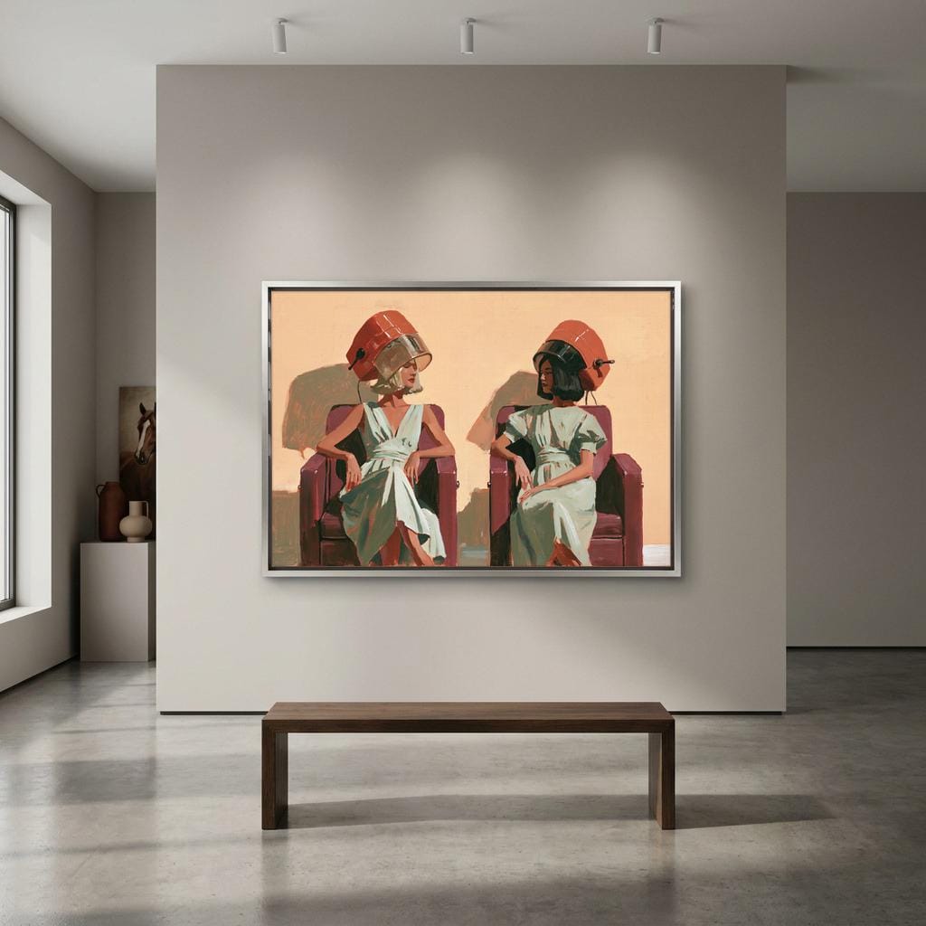 two women sitting in chairs, wearing red hats, and holding umbrellas, with a large framed painting hanging on the wall above them.