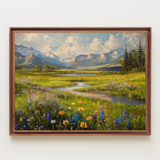 Vintage Mountain River Canvas Print, Meadow Field Wall Art