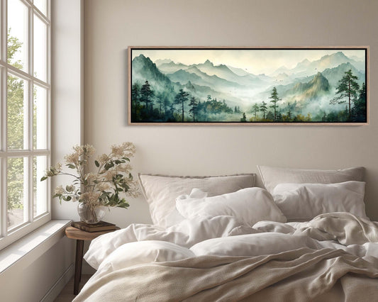 Watercolor Mountain Canvas Print, Green Forest Bedroom Wall Art