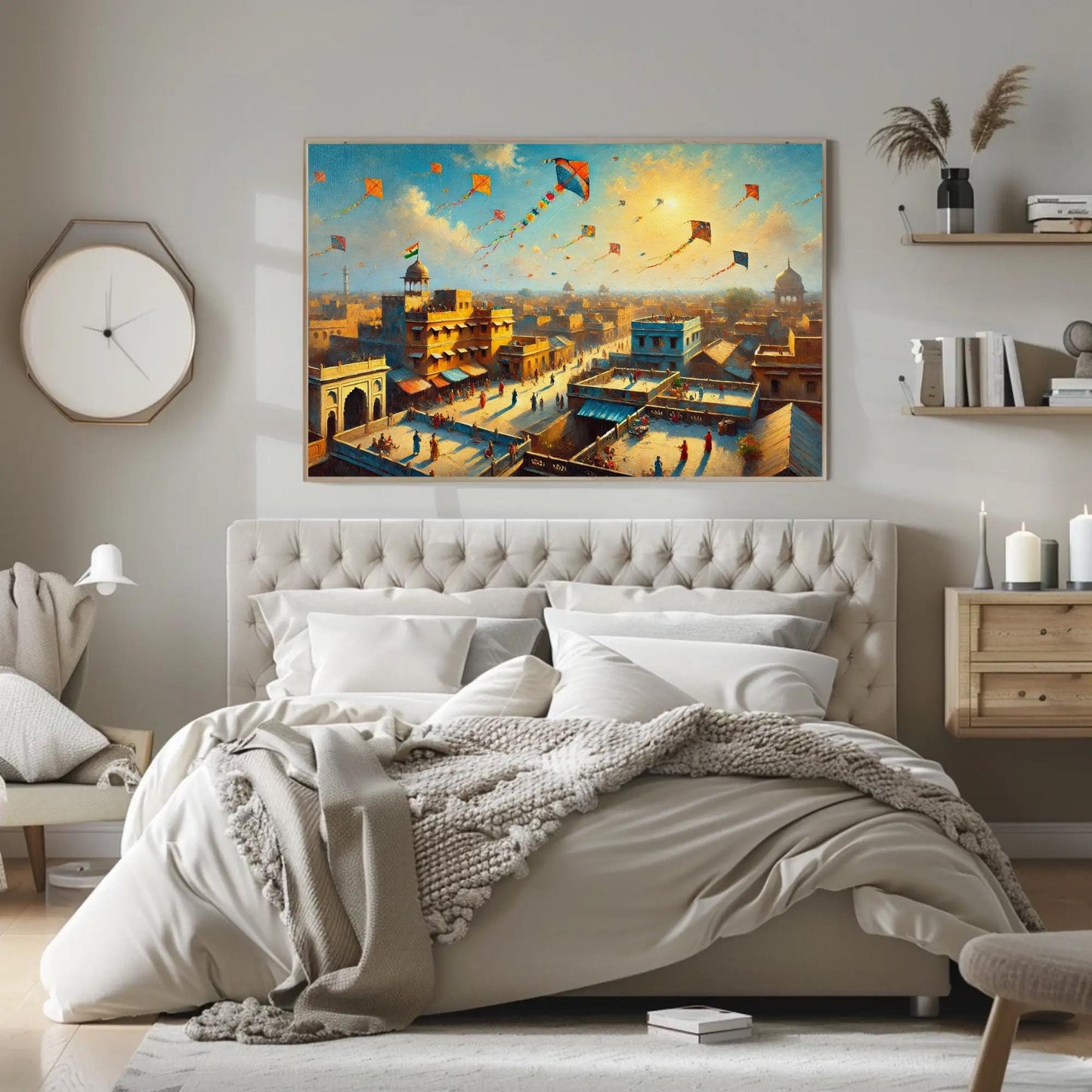 a bedroom with a large painting on the wall