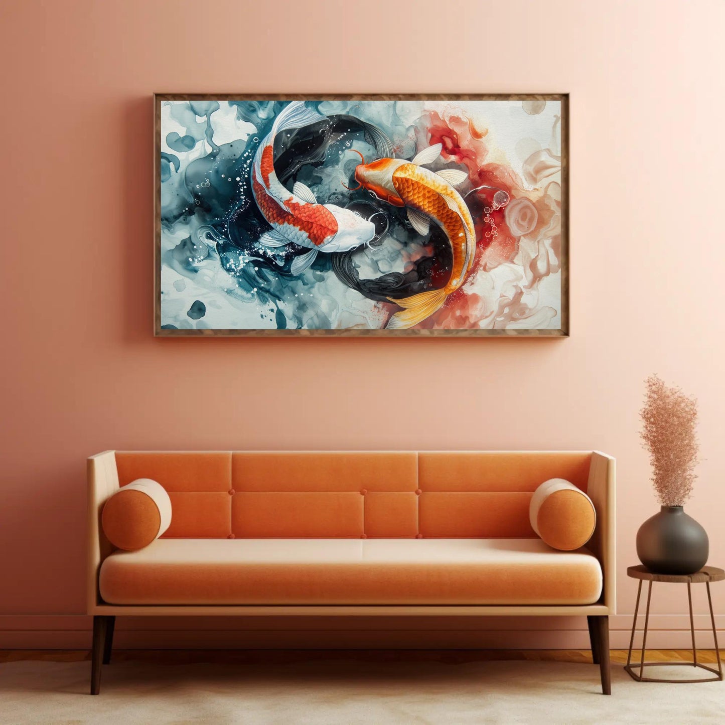 Koi Fish Watercolor canvas wall art shown in a living room