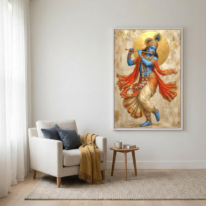 a large painting of a Hindu deity, possibly a deity like Krishna, hanging on a wall in a living room. The painting is framed and appears to be the focal point of the room. In the foreground, there is a white armchair with a throw blanket draped over it, and a small wooden side table next to the armchair.