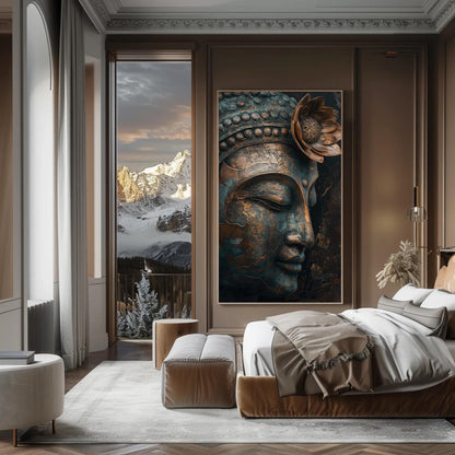Zen Buddha canvas wall art shown in a bedroom