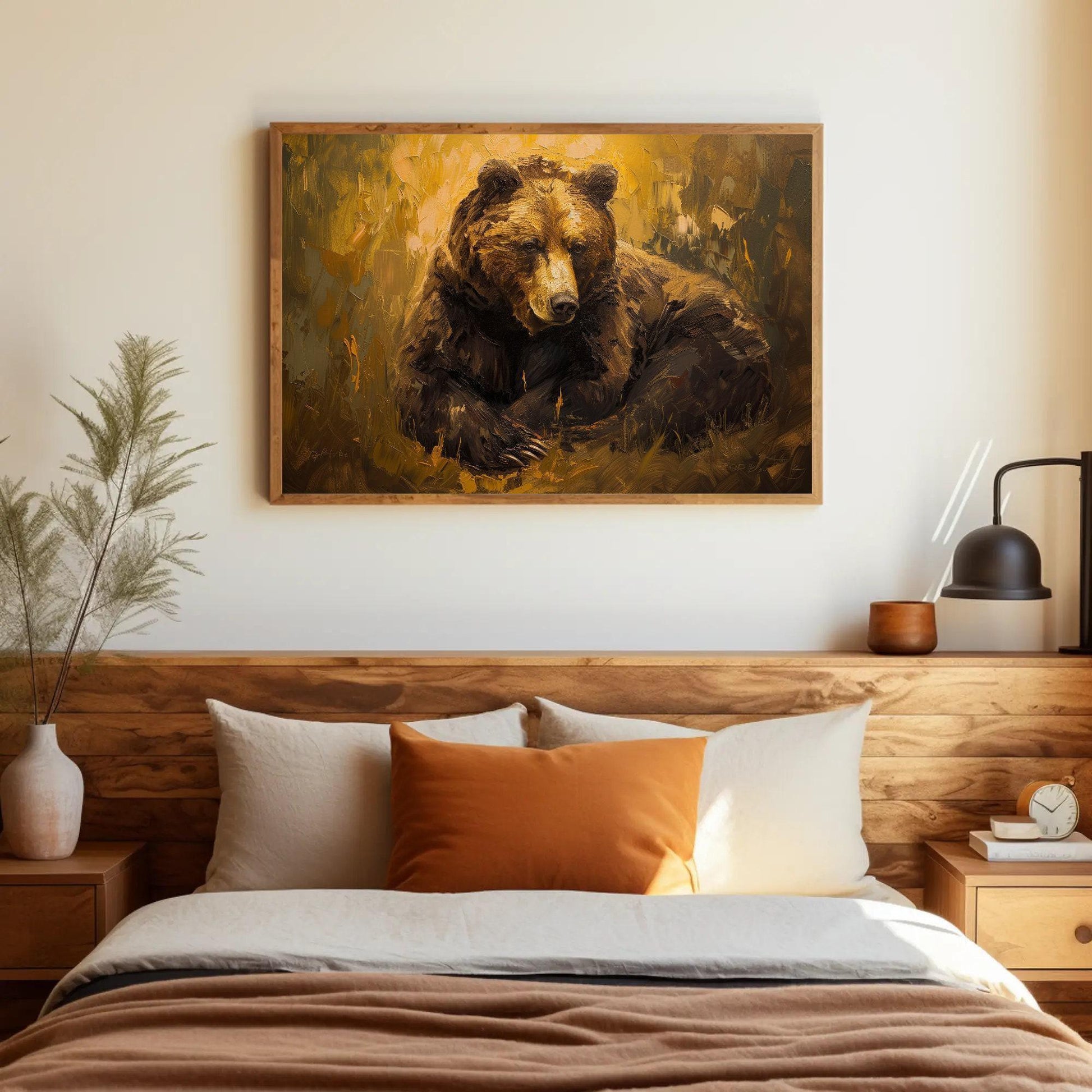 Brown Bear canvas wall art shown above a bed