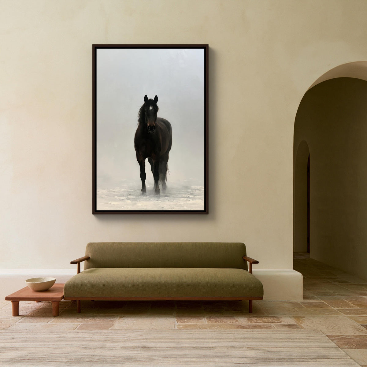 Black horse in mist canvas wall art, large black horse in a snowy landscape, with a framed photograph of the horse hanging