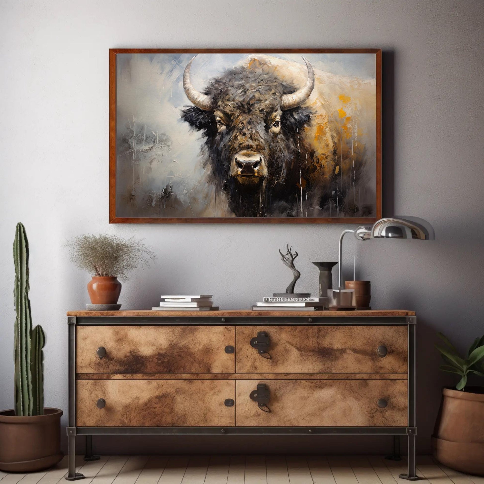 Bison , Minimalist Buffalo Farmhouse canvas print, premium giclée wall art