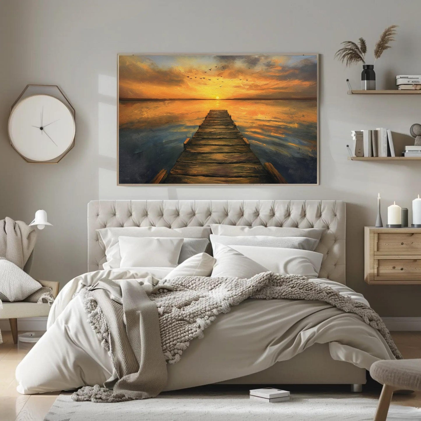 Sunset Dock Canvas - Extra Large Rustic Sunset Scene Lake House Decor Print