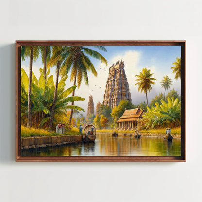 South India Backwaters , Kerala Temple canvas wall art, ready to hang
