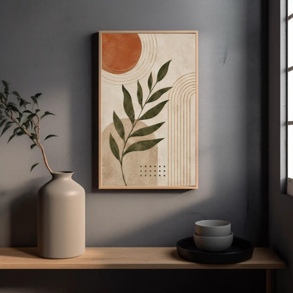 a minimalist interior design with a framed abstract artwork hanging on a gray wall above a wooden shelf. On the shelf, there is a white vase, a black bowl, and a small plant.