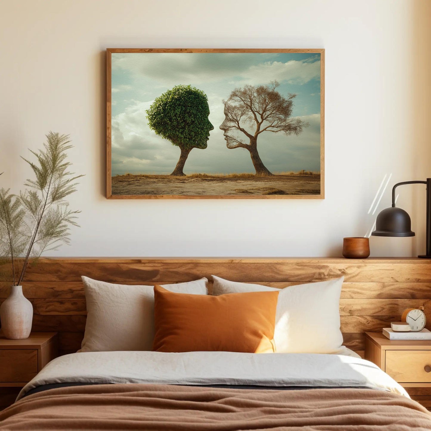 Two Faced Nature canvas wall art shown in a bedroom