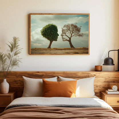 Two Faced Nature canvas wall art shown in a bedroom