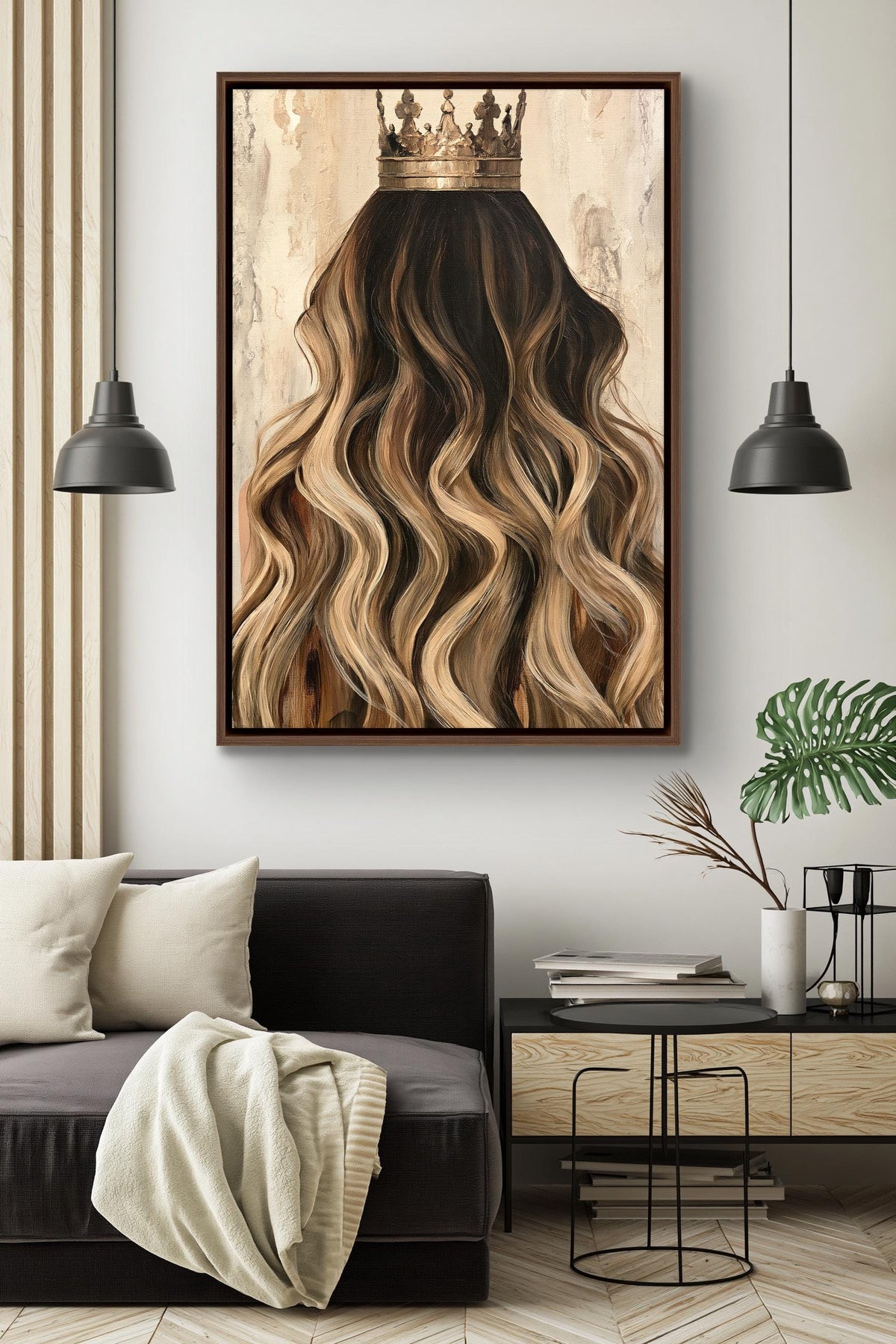 a large painting of a woman's long, wavy hair with a crown on her head, hanging on a wall above a black couch in a modern living room setting.