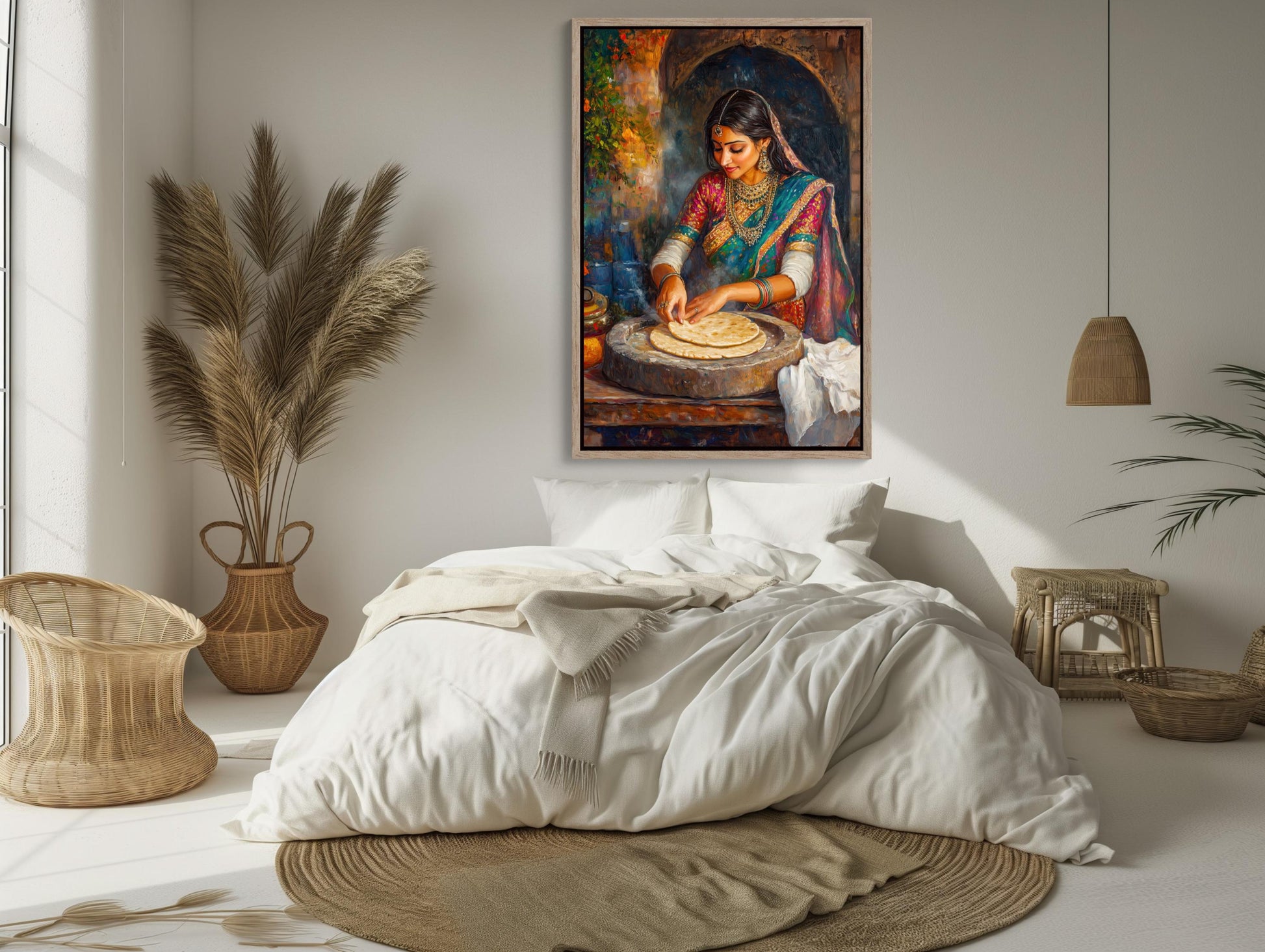 Indian Woman Roti , Traditional Desi Kitchen canvas wall art shown in a styled room