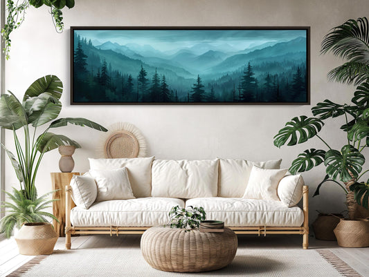a living room with a couch, potted plants and a painting on the wall