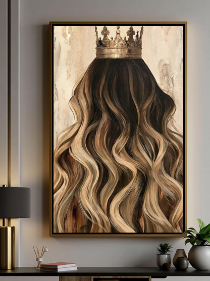 a large painting of a crown on a wall, with long, wavy hair underneath it.
