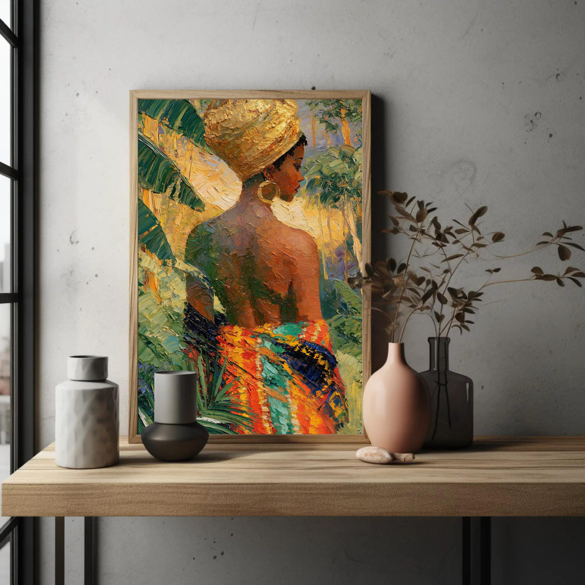 Caribbean woman in head wrap canvas wall art, painting of a woman with a colorful headdress, displayed on a wooden shelf