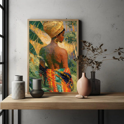 Caribbean woman in head wrap canvas wall art, painting of a woman with a colorful headdress, displayed on a wooden shelf