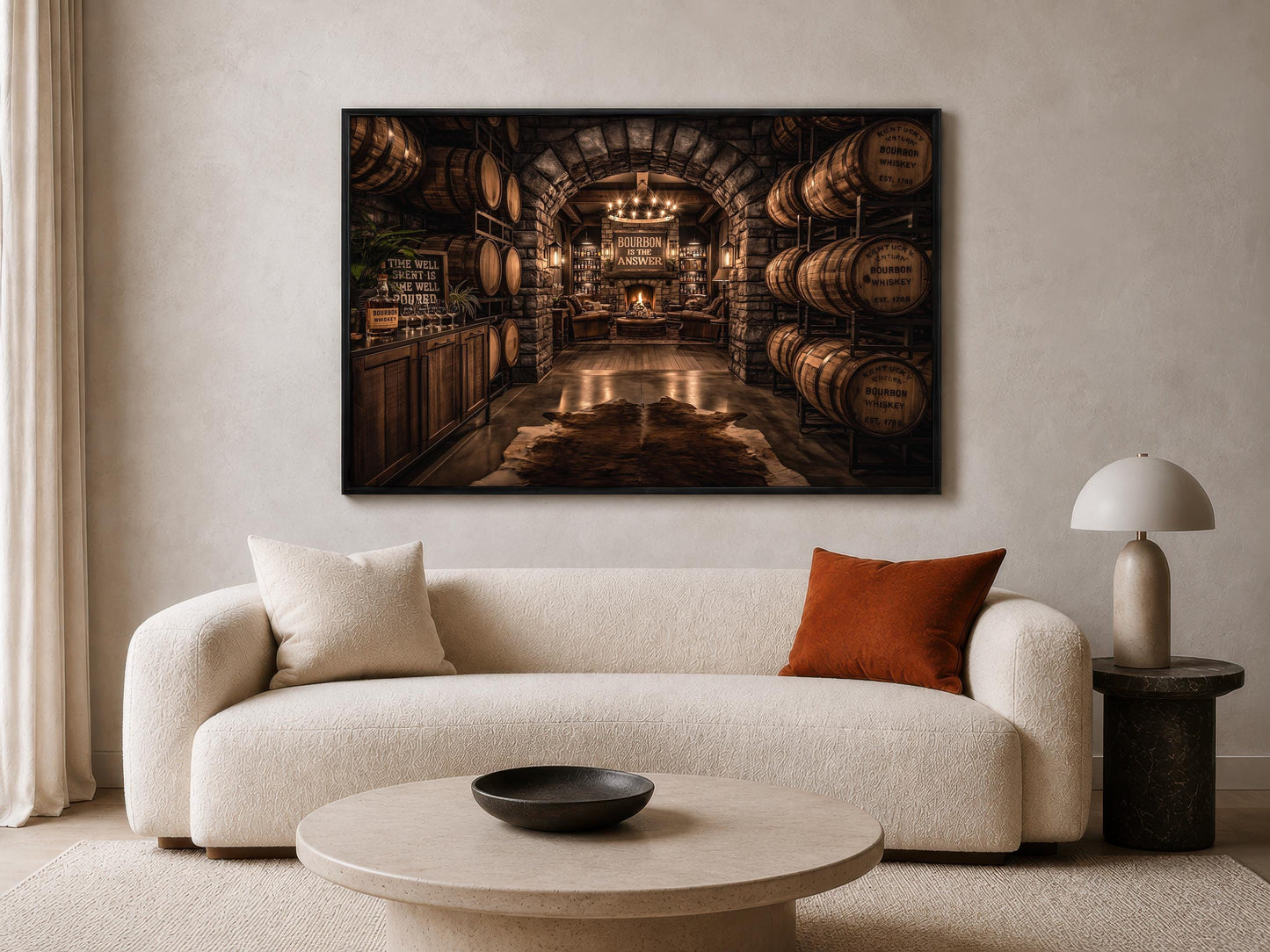 a cozy living room with a large, ornate wine cellar as the focal point. The cellar is filled with numerous wooden barrels, creating a rustic and inviting atmosphere. The room is furnished with a white sofa and a round coffee table, providing a comfortable and welcoming space for relaxation and conversation.